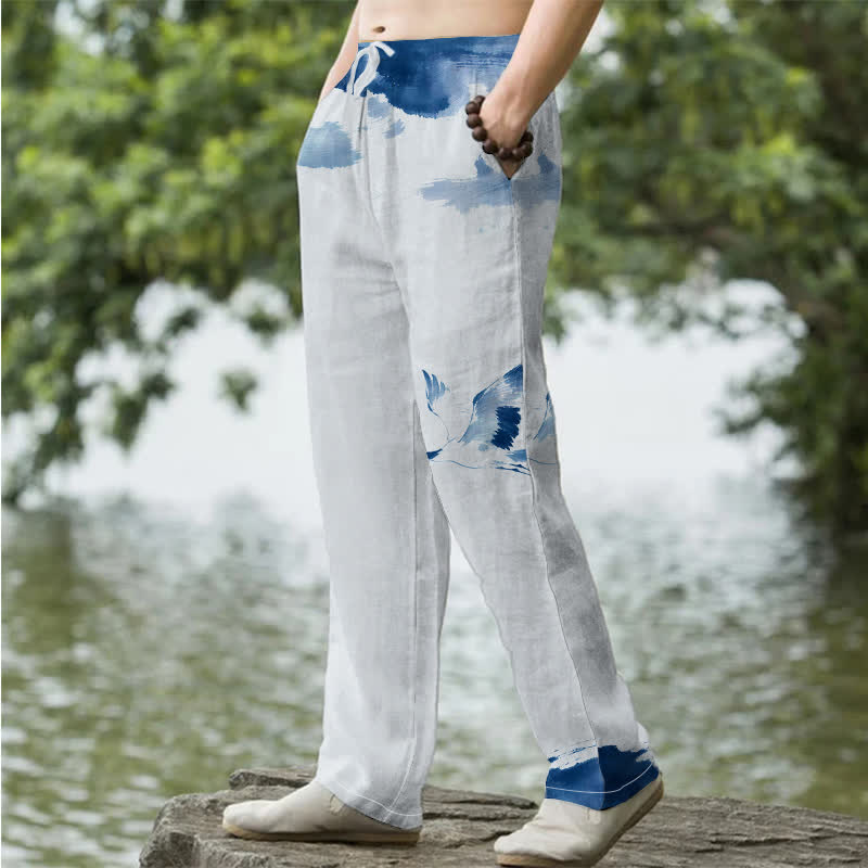 Buddha Stones Cotton Red-crowned Crane Pattern Men's Tapered Pants With Pockets - image 1