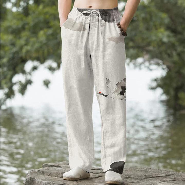 Buddha Stones Cotton Red-crowned Crane Pattern Men's Tapered Pants With Pockets - Black - US/UK/AU50，EU60 (5XL) - image 6