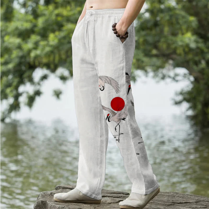 Buddha Stones Cotton Red Sun Crane Pattern Men's Tapered Pants With Pockets - image 1