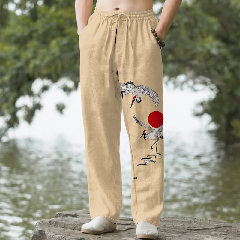 Buddha Stones Cotton Red Sun Crane Pattern Men's Tapered Pants With Pockets - Wheat - US/UK/AU50，EU60 (5XL) - image 4