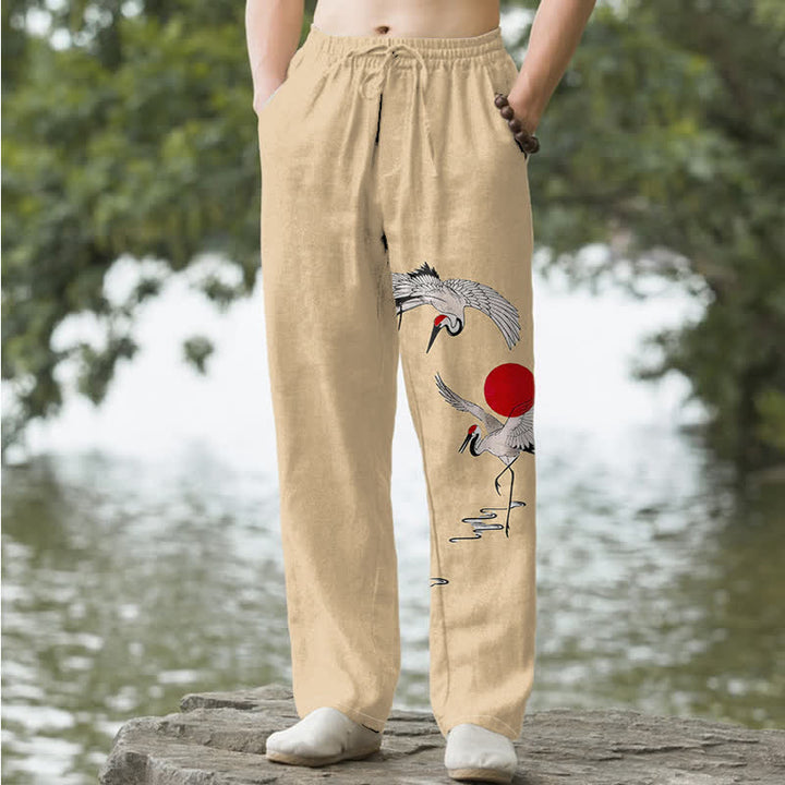 Buddha Stones Cotton Red Sun Crane Pattern Men's Tapered Pants With Pockets - Wheat - US/UK/AU50，EU60 (5XL) - image 4