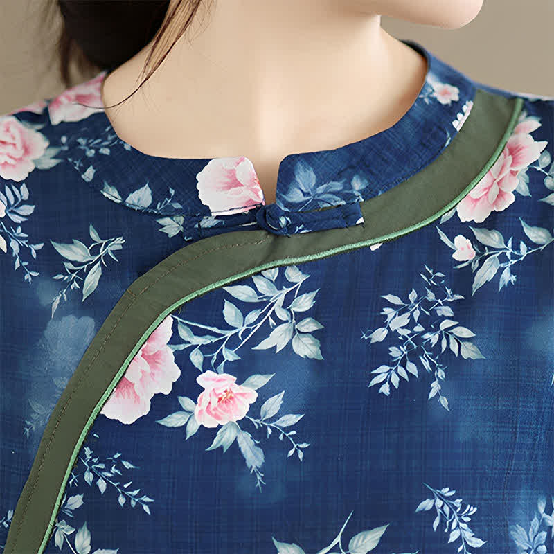 Buddha Stones Summer Casual Tang Style Frog Button Pink Peony Floral Women's Elbow-Length Sleeve Shirts - image 8