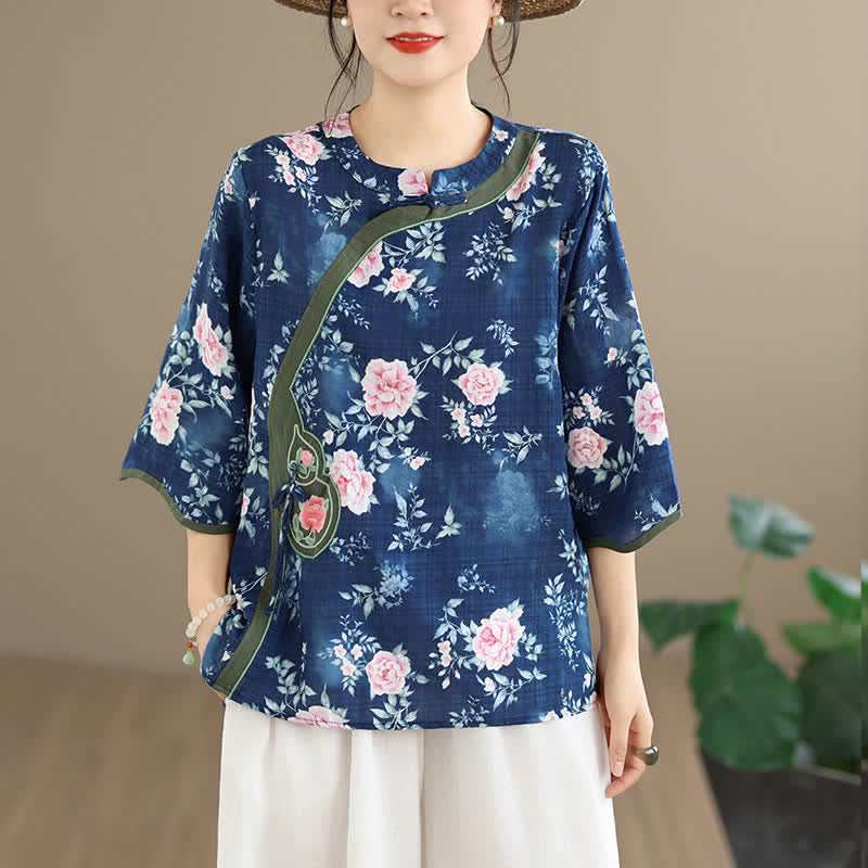 Buddha Stones Summer Casual Tang Style Frog Button Pink Peony Floral Women's Elbow-Length Sleeve Shirts - image 1