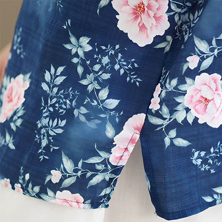 Buddha Stones Summer Casual Tang Style Frog Button Pink Peony Floral Women's Elbow-Length Sleeve Shirts - image 10