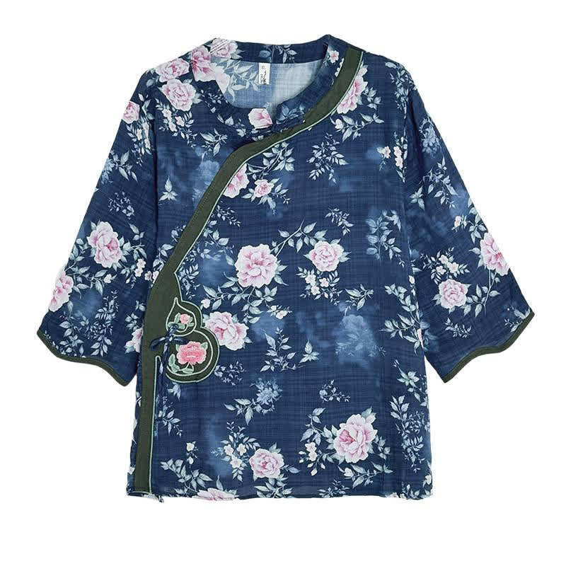 Buddha Stones Summer Casual Tang Style Frog Button Pink Peony Floral Women's Elbow-Length Sleeve Shirts - image 6