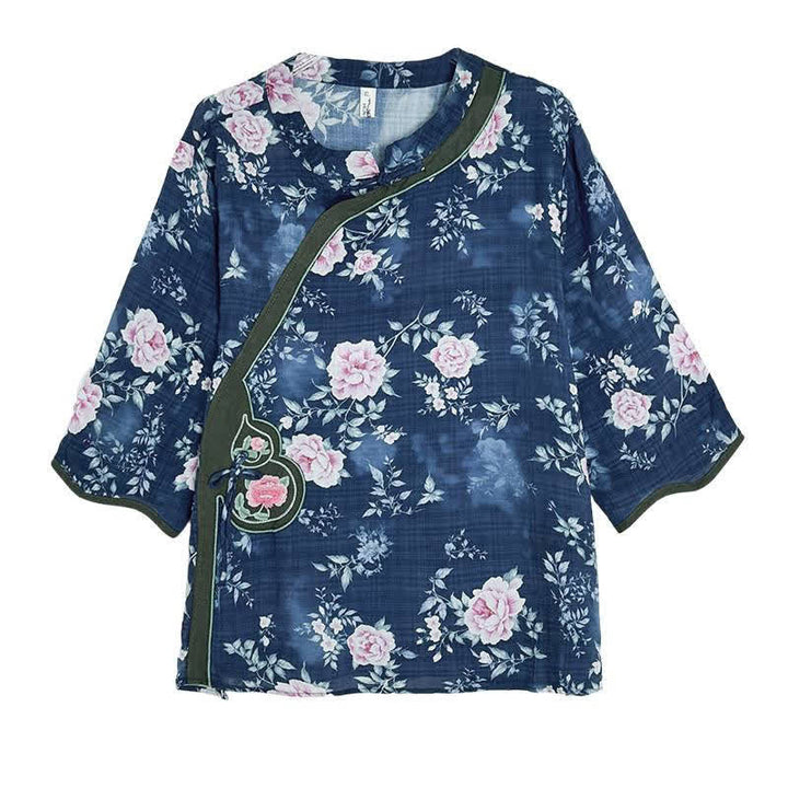 Buddha Stones Summer Casual Tang Style Frog Button Pink Peony Floral Women's Elbow-Length Sleeve Shirts - image 6
