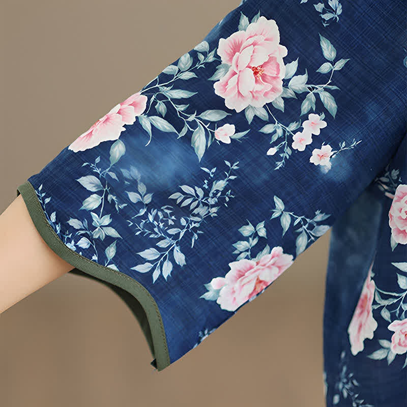 Buddha Stones Summer Casual Tang Style Frog Button Pink Peony Floral Women's Elbow-Length Sleeve Shirts - image 11