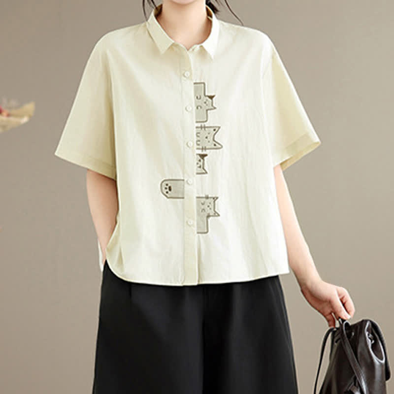 Buddha Stones Summer Casual Minimalist Button-Up Cat Embroidery Women's Short Sleeve Shirts - image 11