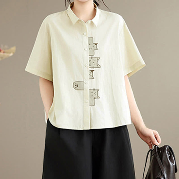 Buddha Stones Summer Casual Minimalist Button-Up Cat Embroidery Women's Short Sleeve Shirts - image 11
