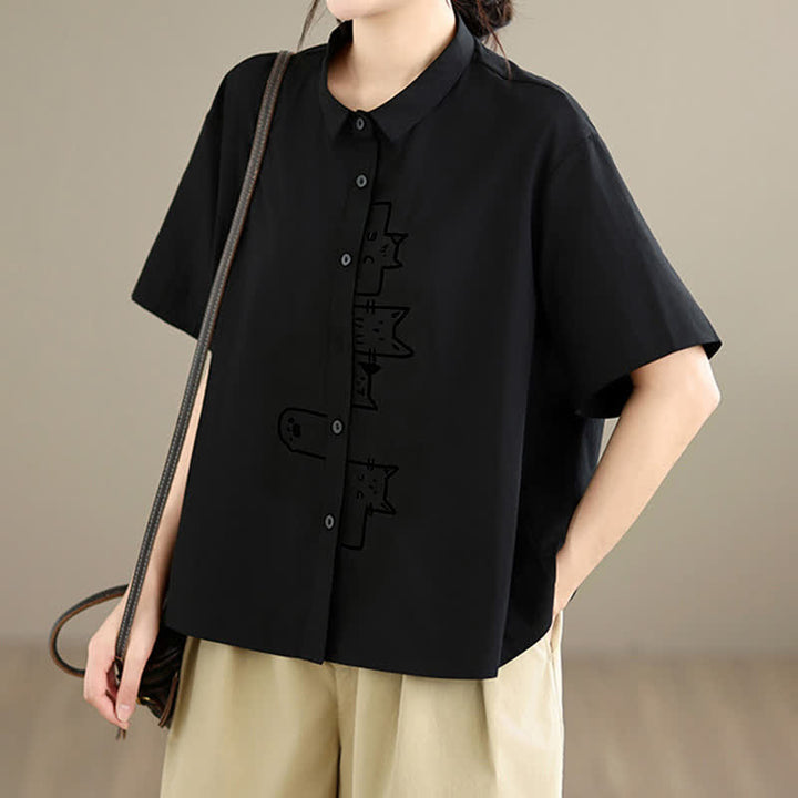 Buddha Stones Summer Casual Minimalist Button-Up Cat Embroidery Women's Short Sleeve Shirts - image 4
