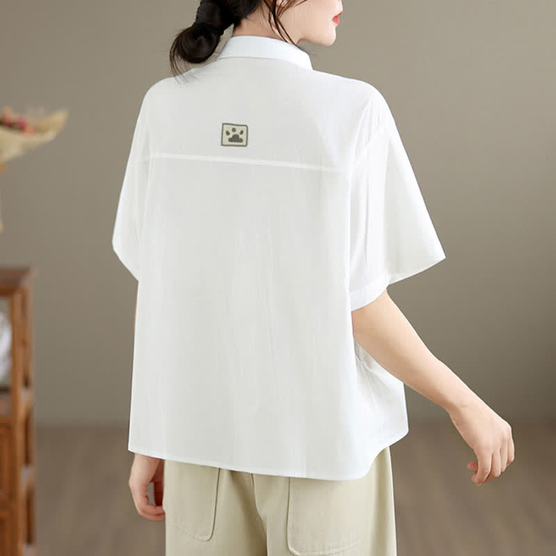 Buddha Stones Summer Casual Minimalist Button-Up Cat Embroidery Women's Short Sleeve Shirts - image 24