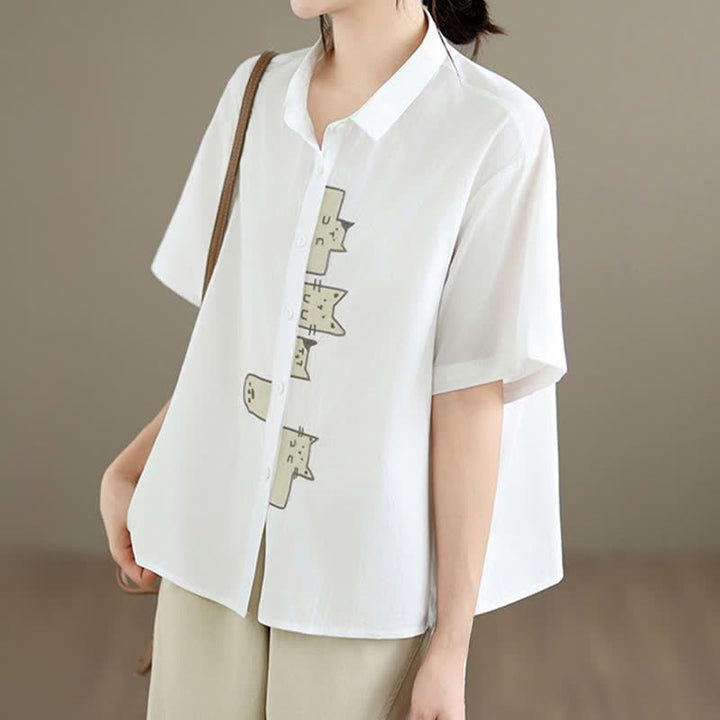 Buddha Stones Summer Casual Minimalist Button-Up Cat Embroidery Women's Short Sleeve Shirts - image 22