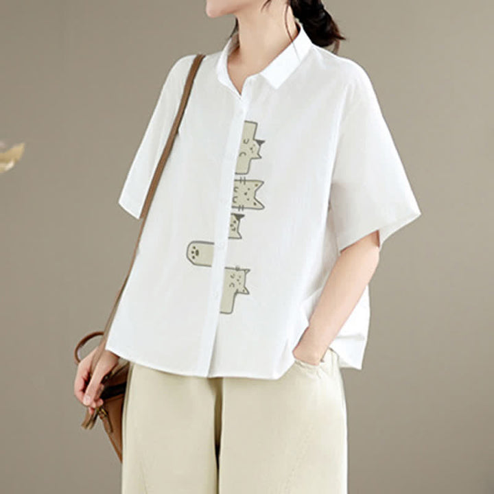 Buddha Stones Summer Casual Minimalist Button-Up Cat Embroidery Women's Short Sleeve Shirts - image 26