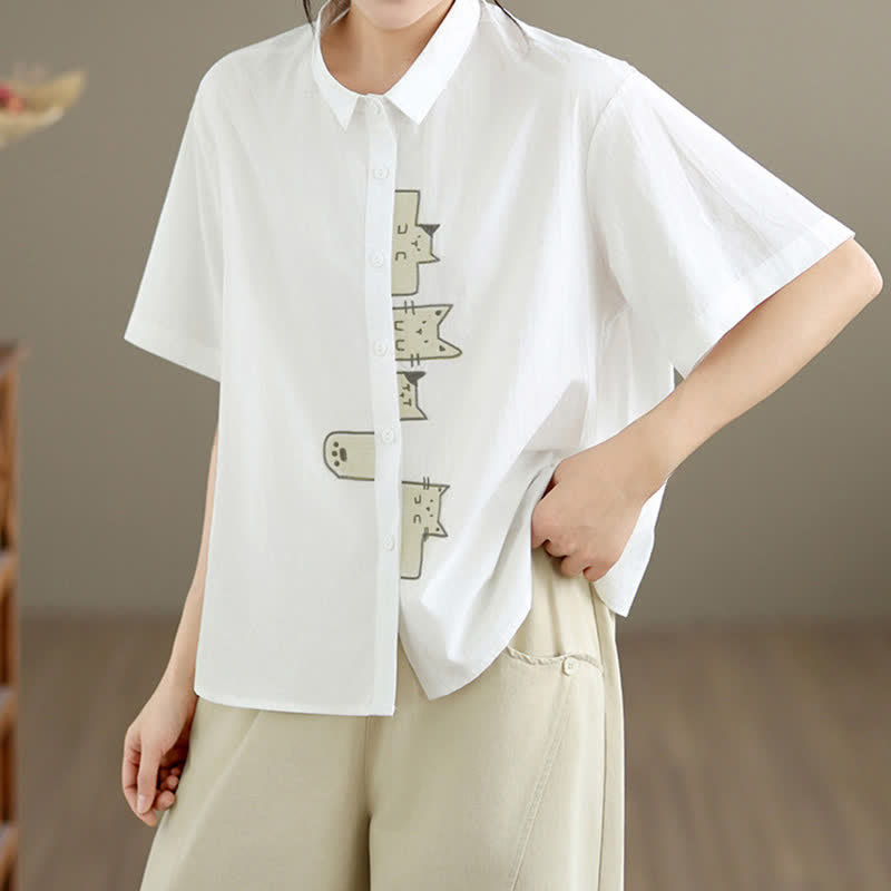 Buddha Stones Summer Casual Minimalist Button-Up Cat Embroidery Women's Short Sleeve Shirts - image 23