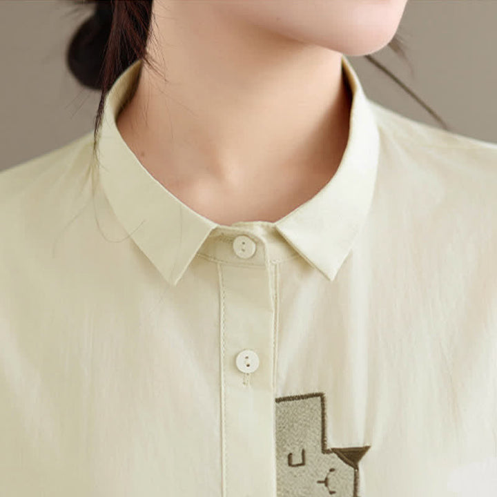 Buddha Stones Summer Casual Minimalist Button-Up Cat Embroidery Women's Short Sleeve Shirts - image 13