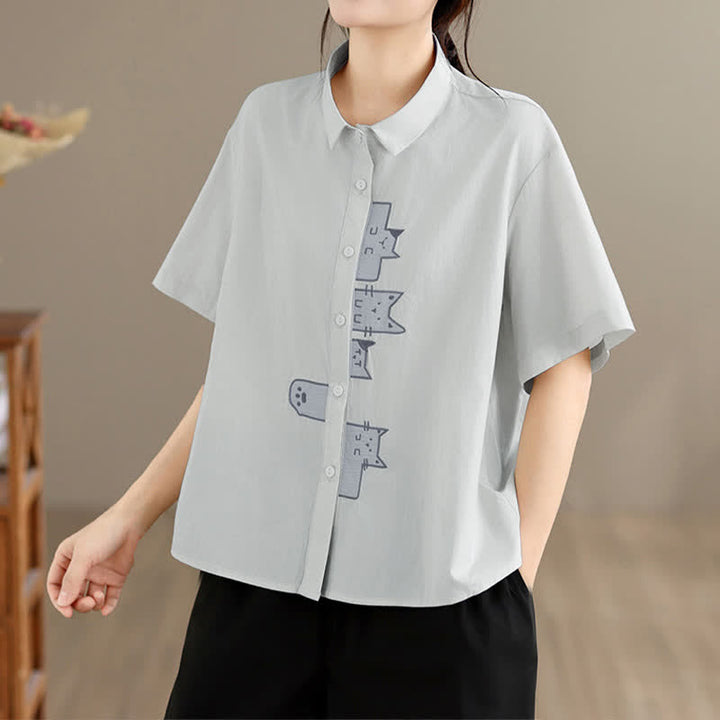 Buddha Stones Summer Casual Minimalist Button-Up Cat Embroidery Women's Short Sleeve Shirts - image 20