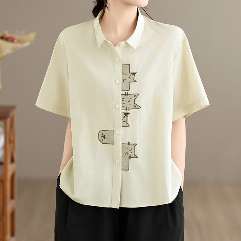 Buddha Stones Summer Casual Minimalist Button-Up Cat Embroidery Women's Short Sleeve Shirts - image 10