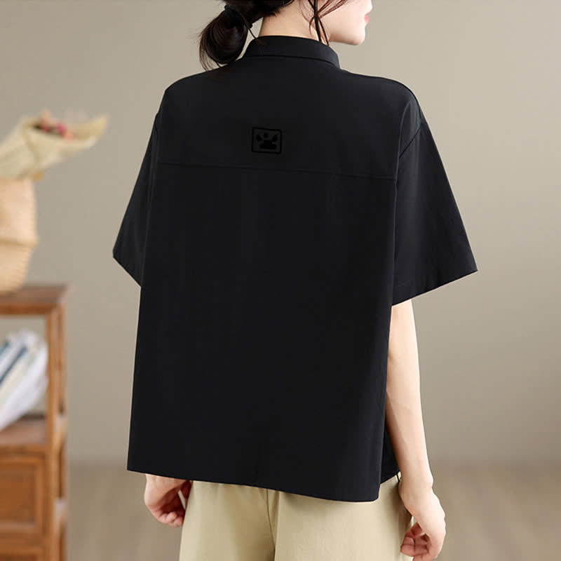 Buddha Stones Summer Casual Minimalist Button-Up Cat Embroidery Women's Short Sleeve Shirts - image 3