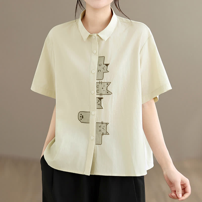 Buddha Stones Summer Casual Minimalist Button-Up Cat Embroidery Women's Short Sleeve Shirts - Beige - US8-10, UK/AU12-14, EU40-42 (2XL) - image 6