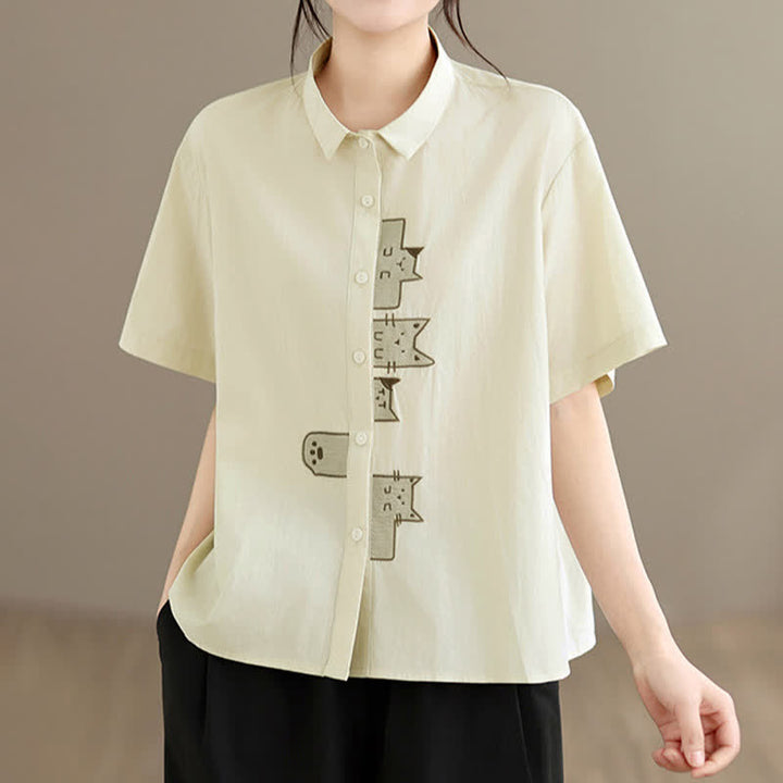 Buddha Stones Summer Casual Minimalist Button-Up Cat Embroidery Women's Short Sleeve Shirts - Beige - US8-10, UK/AU12-14, EU40-42 (2XL) - image 6