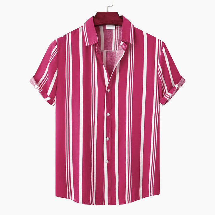 Buddha Stones Summer Casual Classic Button-Up Vertical Striped Men's Short Sleeve Shirts - Crimson - US/UK/AU42, EU52 (3XL) - image 21