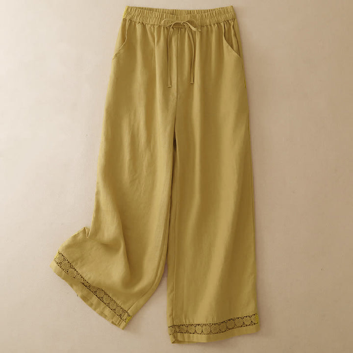 Buddha Stones Summer Casual Minimalist Drawstring Solid Flower Hem Cropped Pants Women's Straight Leg Pants With Pocket - Khaki - US8-10, UK/AU12-14, EU40-42 (2XL) - image 0