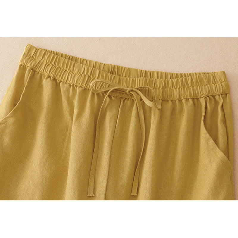 Buddha Stones Summer Casual Minimalist Drawstring Solid Flower Hem Cropped Pants Women's Straight Leg Pants With Pocket - image 1