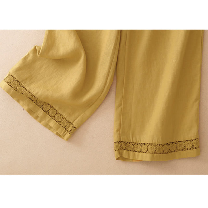 Buddha Stones Summer Casual Minimalist Drawstring Solid Flower Hem Cropped Pants Women's Straight Leg Pants With Pocket - image 3