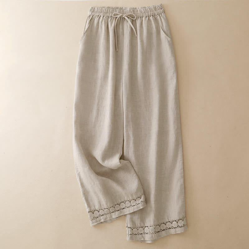 Buddha Stones Summer Casual Minimalist Drawstring Solid Flower Hem Cropped Pants Women's Straight Leg Pants With Pocket - Beige - US8-10, UK/AU12-14, EU40-42 (2XL) - image 15