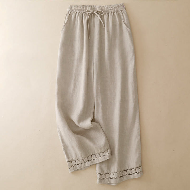 Buddha Stones Summer Casual Minimalist Drawstring Solid Flower Hem Cropped Pants Women's Straight Leg Pants With Pocket - Beige - US8-10, UK/AU12-14, EU40-42 (2XL) - image 15