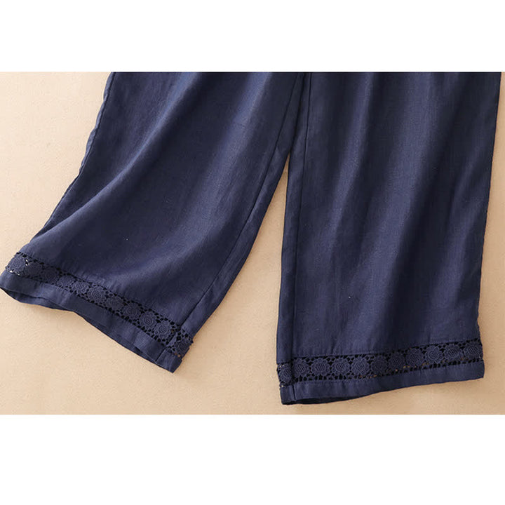 Buddha Stones Summer Casual Minimalist Drawstring Solid Flower Hem Cropped Pants Women's Straight Leg Pants With Pocket - image 9