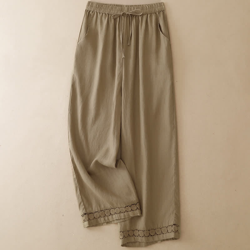 Buddha Stones Summer Casual Minimalist Drawstring Solid Flower Hem Cropped Pants Women's Straight Leg Pants With Pocket - Tan - US8-10, UK/AU12-14, EU40-42 (2XL) - image 10