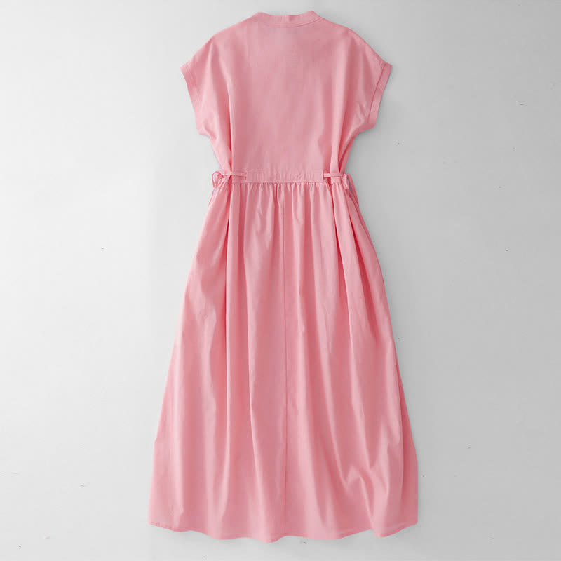 Buddha Stones Summer Casual Minimalist Button Lace-up Solid Women's Summer Sleeveless Dress With Pocket - image 8