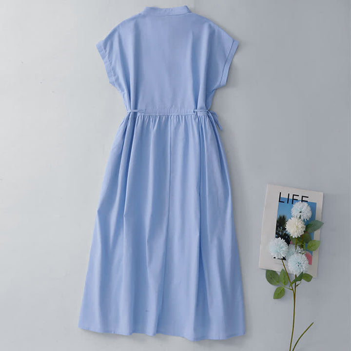 Buddha Stones Summer Casual Minimalist Button Lace-up Solid Women's Summer Sleeveless Dress With Pocket - image 20