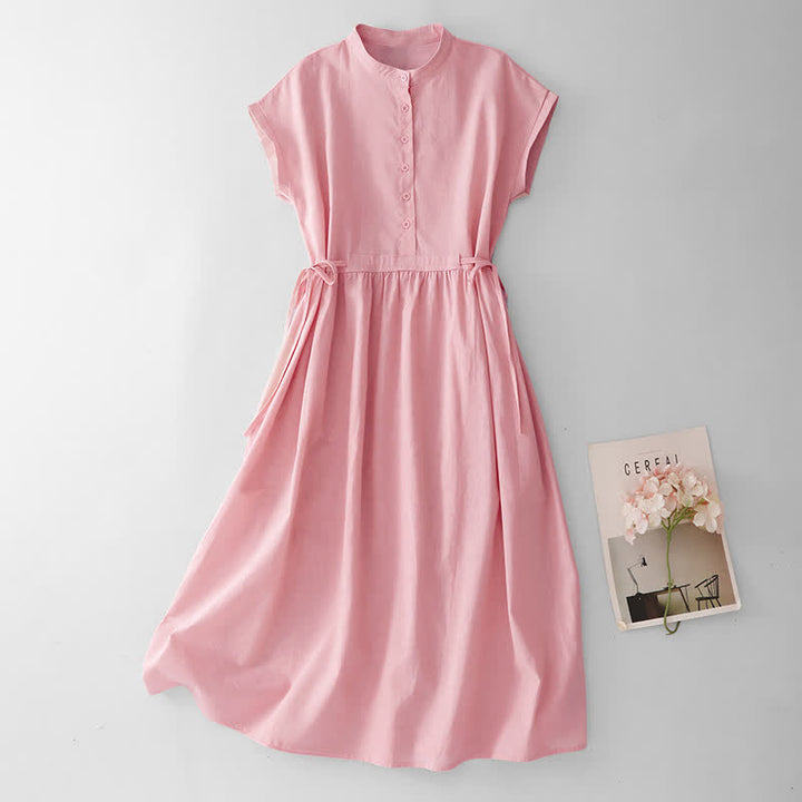 Buddha Stones Summer Casual Minimalist Button Lace-up Solid Women's Summer Sleeveless Dress With Pocket - LightPink - US12, UK/AU16, EU44 (2XL) - image 7