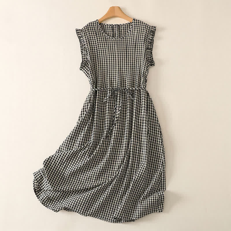 Buddha Stones Summer Vintage Casual Drawstring Plaid Cotton Linen Women's Summer Sleeveless Dress With Pocket - Black - US8-10, UK/AU12-14, EU40-42 (2XL) - image 0
