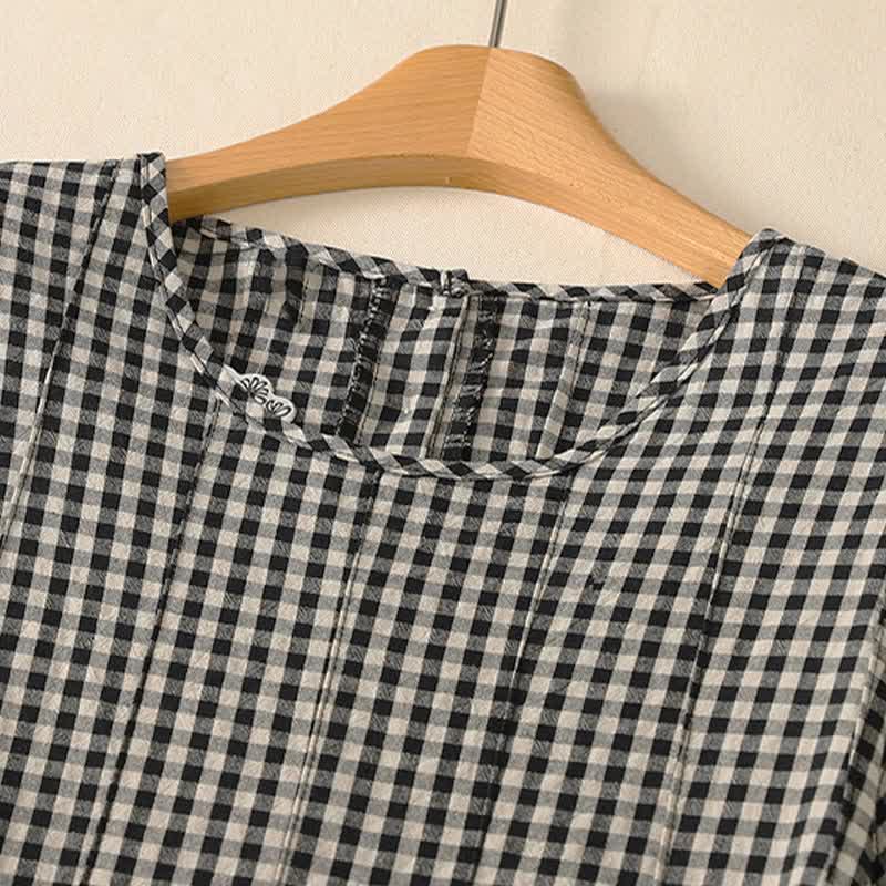 Buddha Stones Summer Vintage Casual Drawstring Plaid Cotton Linen Women's Summer Sleeveless Dress With Pocket - image 1