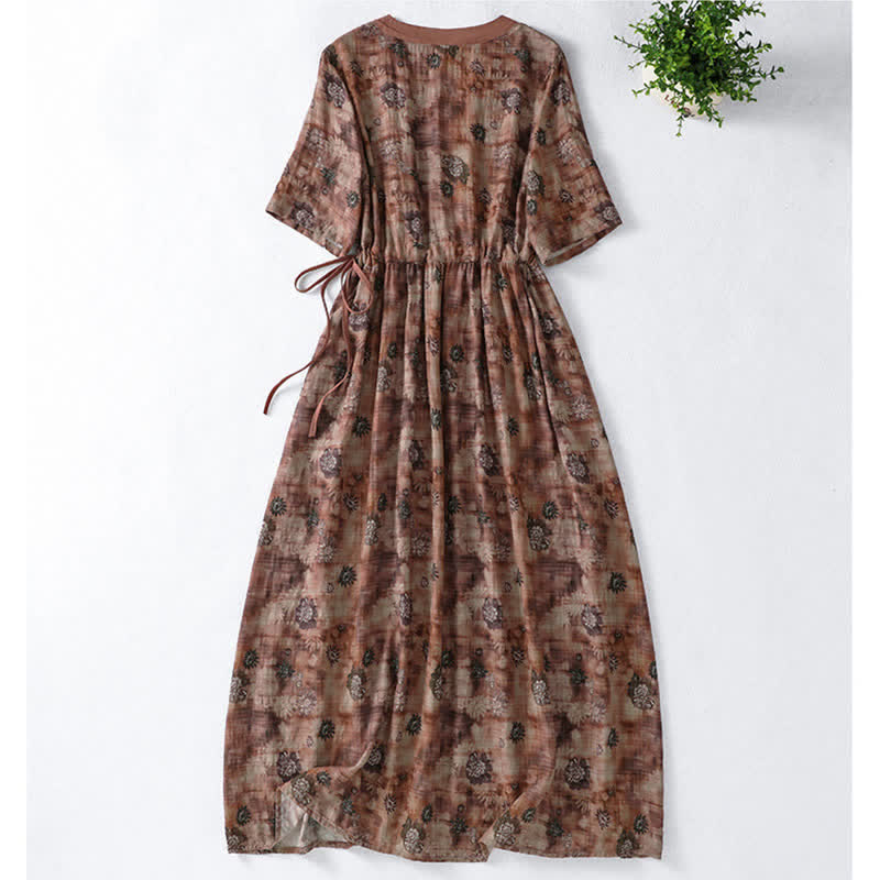 Buddha Stones Summer Vintage Drawstring Floral V-Neck Women's Short Sleeve Dress With Pocket - image 9