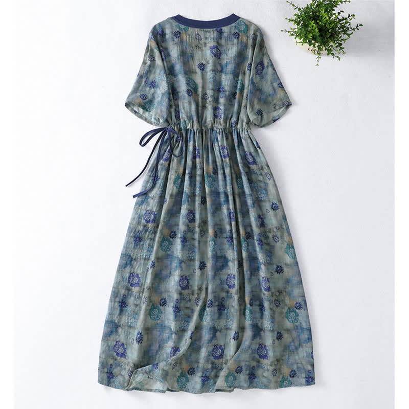 Buddha Stones Summer Vintage Drawstring Floral V-Neck Women's Short Sleeve Dress With Pocket - image 1