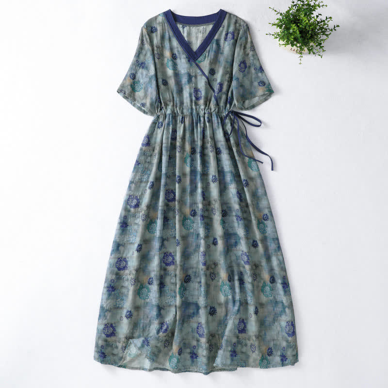 Buddha Stones Summer Vintage Drawstring Floral V-Neck Women's Short Sleeve Dress With Pocket - LightSteelBlue - US12, UK/AU16, EU44 (2XL) - image 0