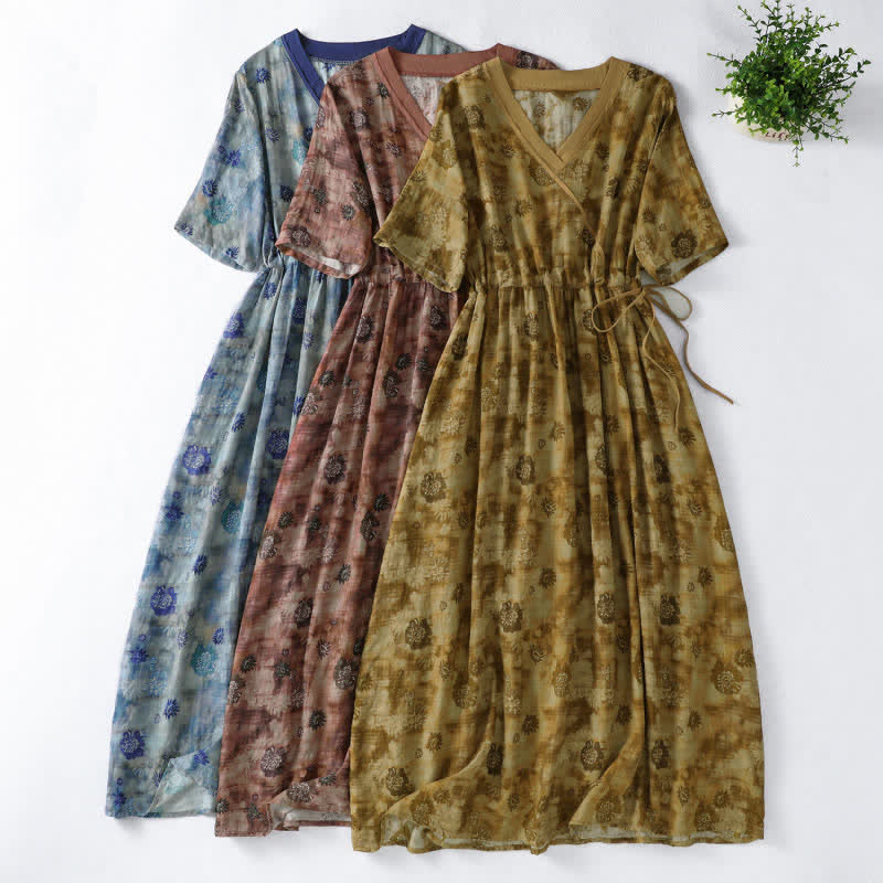 Buddha Stones Summer Vintage Drawstring Floral V-Neck Women's Short Sleeve Dress With Pocket - image 27