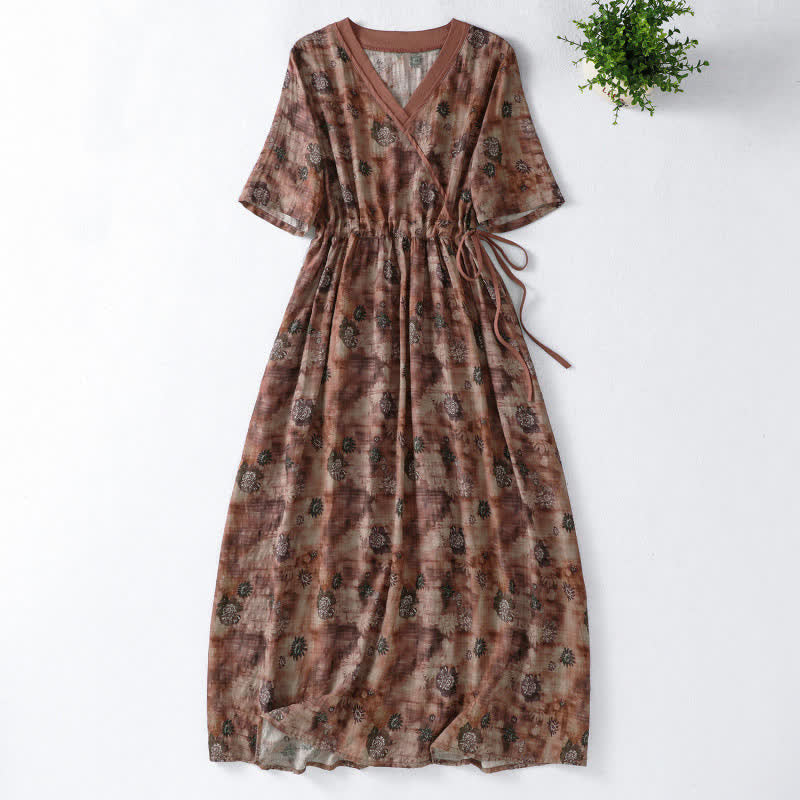 Buddha Stones Summer Vintage Drawstring Floral V-Neck Women's Short Sleeve Dress With Pocket - Sienna - US12, UK/AU16, EU44 (2XL) - image 8