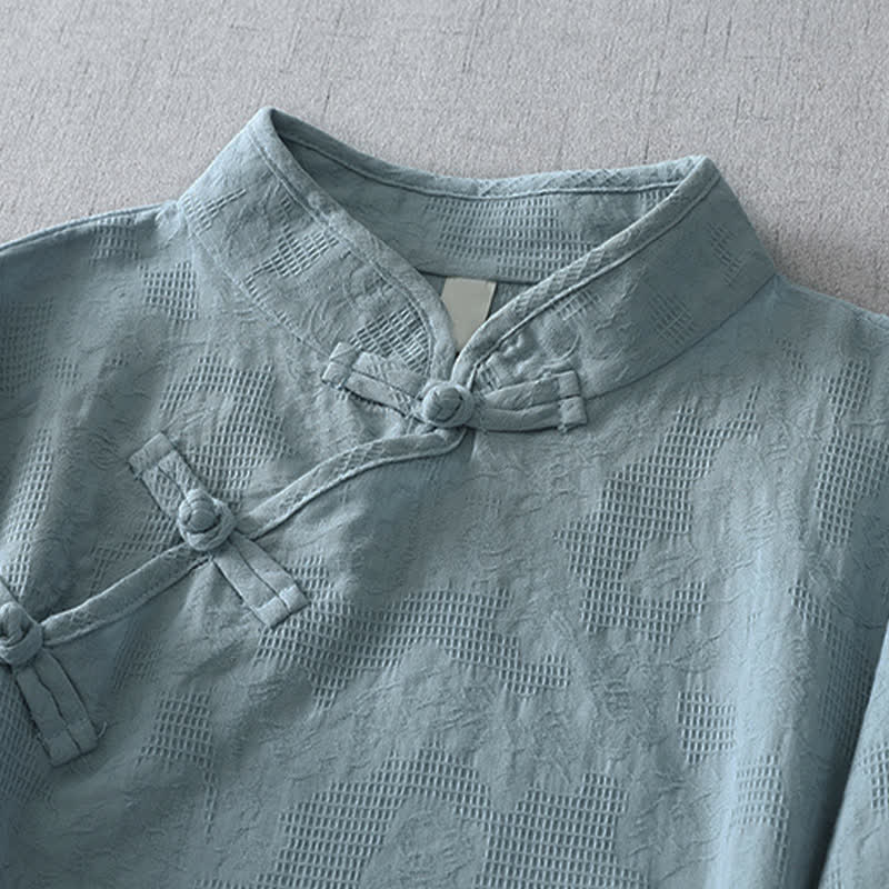 Buddha Stones Summer Tang Style Casual Mandarin Collar Solid Women's Elbow-Length Sleeve Shirts - image 1