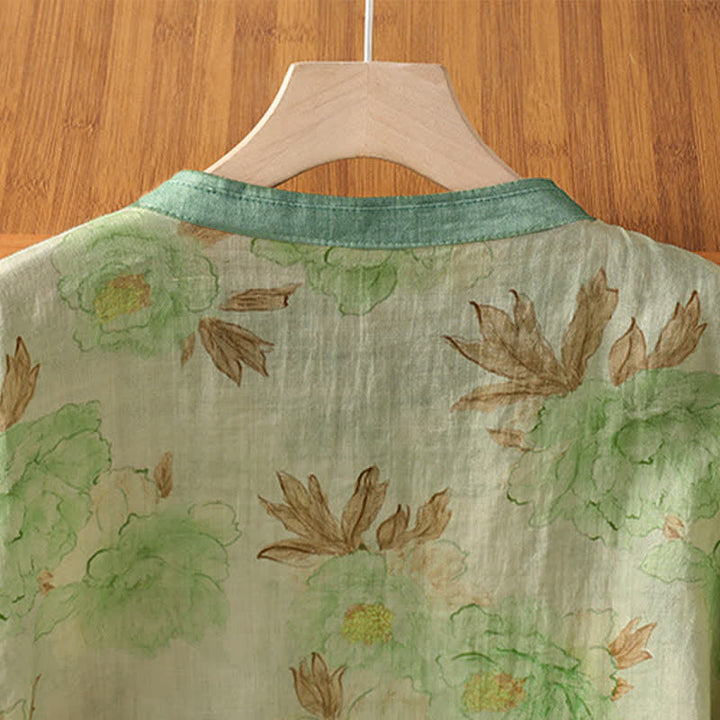 Buddha Stones Summer Vintage Tang Style Mandarin Collar Floral Leaves Women's Short Sleeve Shirts - image 10