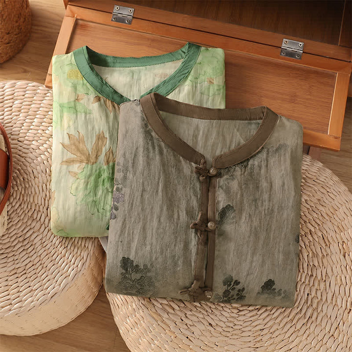 Buddha Stones Summer Vintage Tang Style Mandarin Collar Floral Leaves Women's Short Sleeve Shirts - image 16