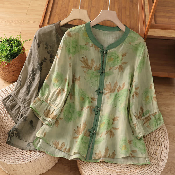 Buddha Stones Summer Vintage Tang Style Mandarin Collar Floral Leaves Women's Short Sleeve Shirts - image 15