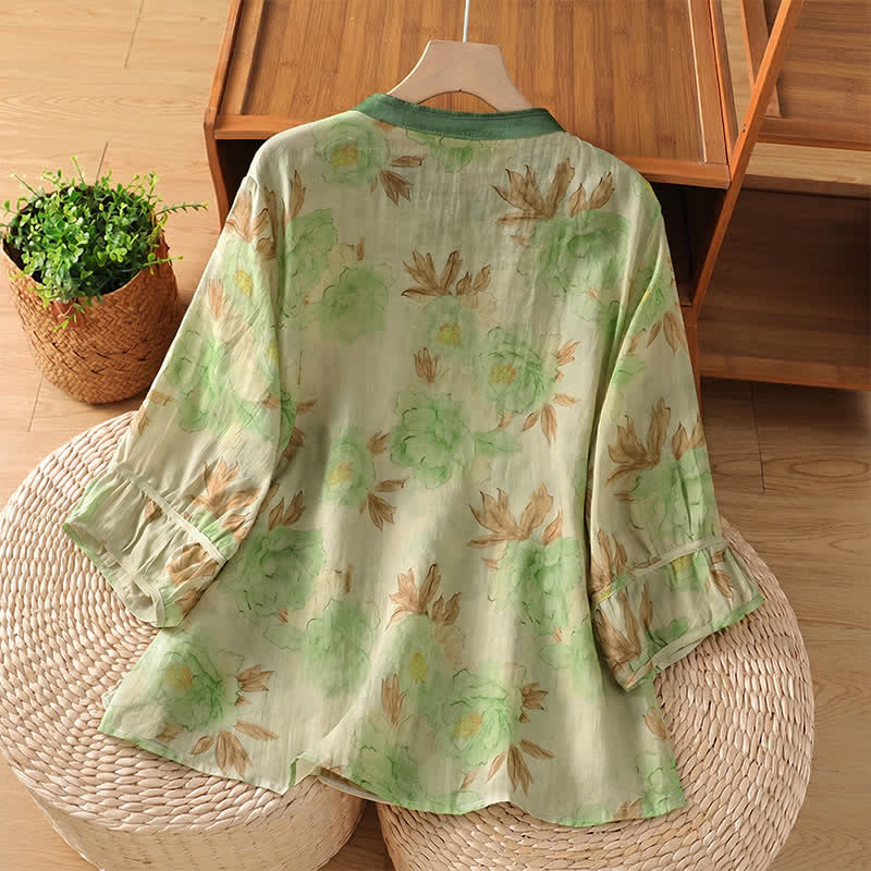 Buddha Stones Summer Vintage Tang Style Mandarin Collar Floral Leaves Women's Short Sleeve Shirts - image 8