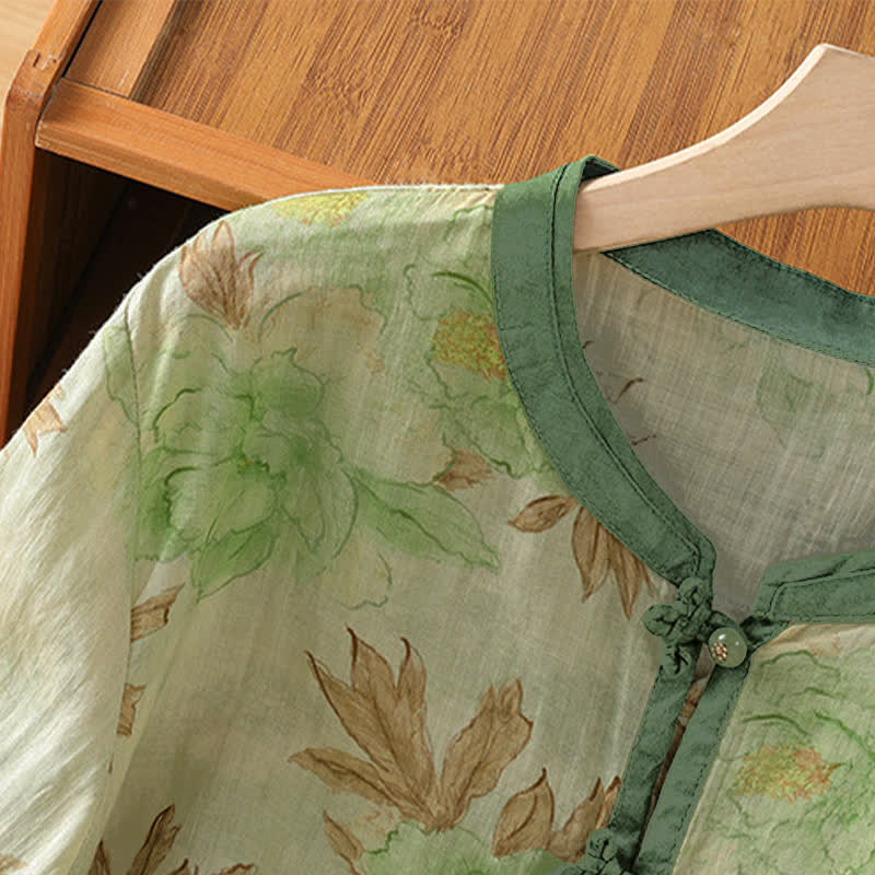 Buddha Stones Summer Vintage Tang Style Mandarin Collar Floral Leaves Women's Short Sleeve Shirts - image 11