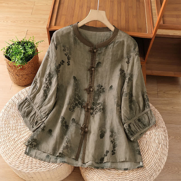 Buddha Stones Summer Vintage Tang Style Mandarin Collar Floral Leaves Women's Short Sleeve Shirts - Tan - US8-10, UK/AU12-14, EU40-42 (2XL) - image 0