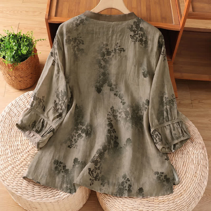 Buddha Stones Summer Vintage Tang Style Mandarin Collar Floral Leaves Women's Short Sleeve Shirts - image 1